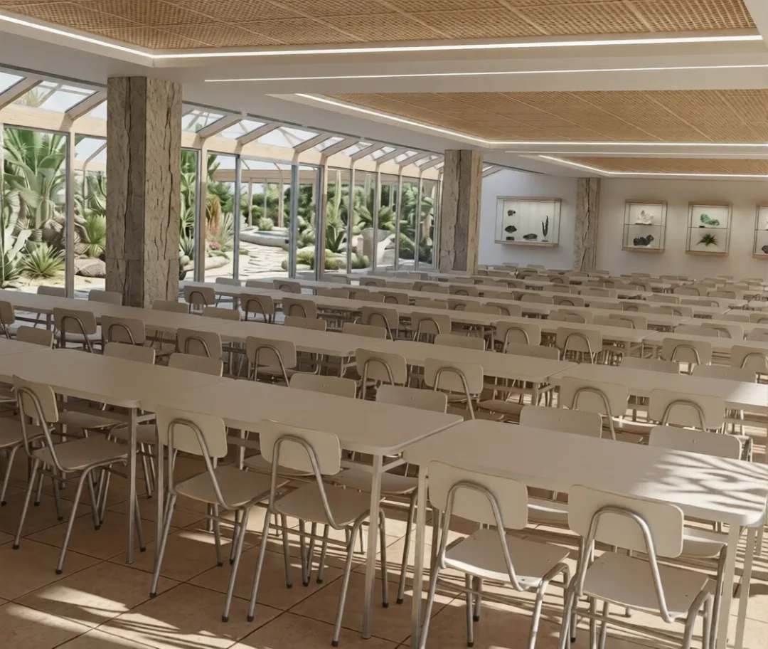 Sillas metálicas en colegio o comedor institucional
